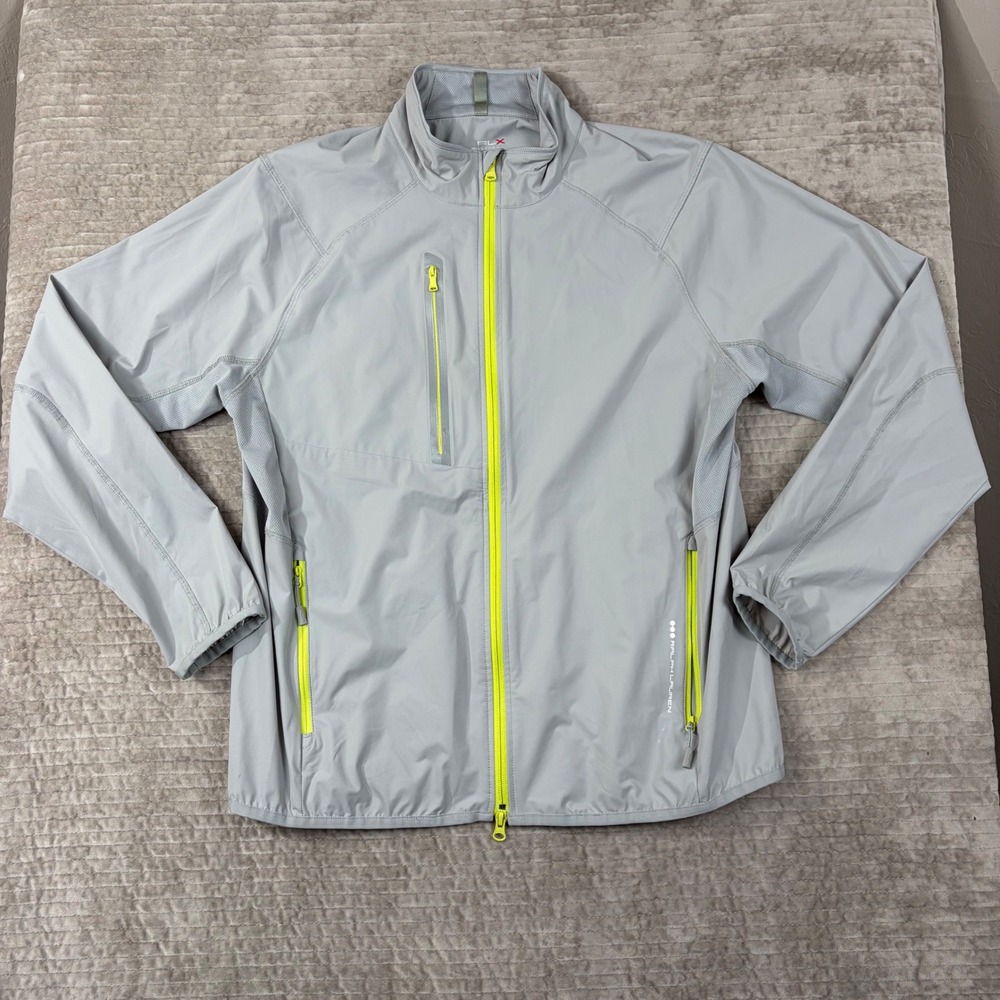 RLX Ralph Lauren Mens Grey Packable Stretch Windbreaker Jacket Neon‎ Yellow L